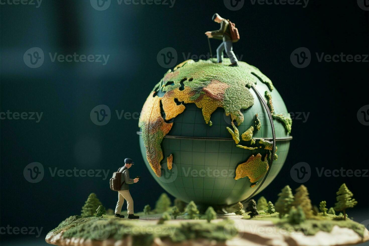 ai generato globo esploratori miniatura i viaggiatori navigare loro viaggio attraverso il globo foto