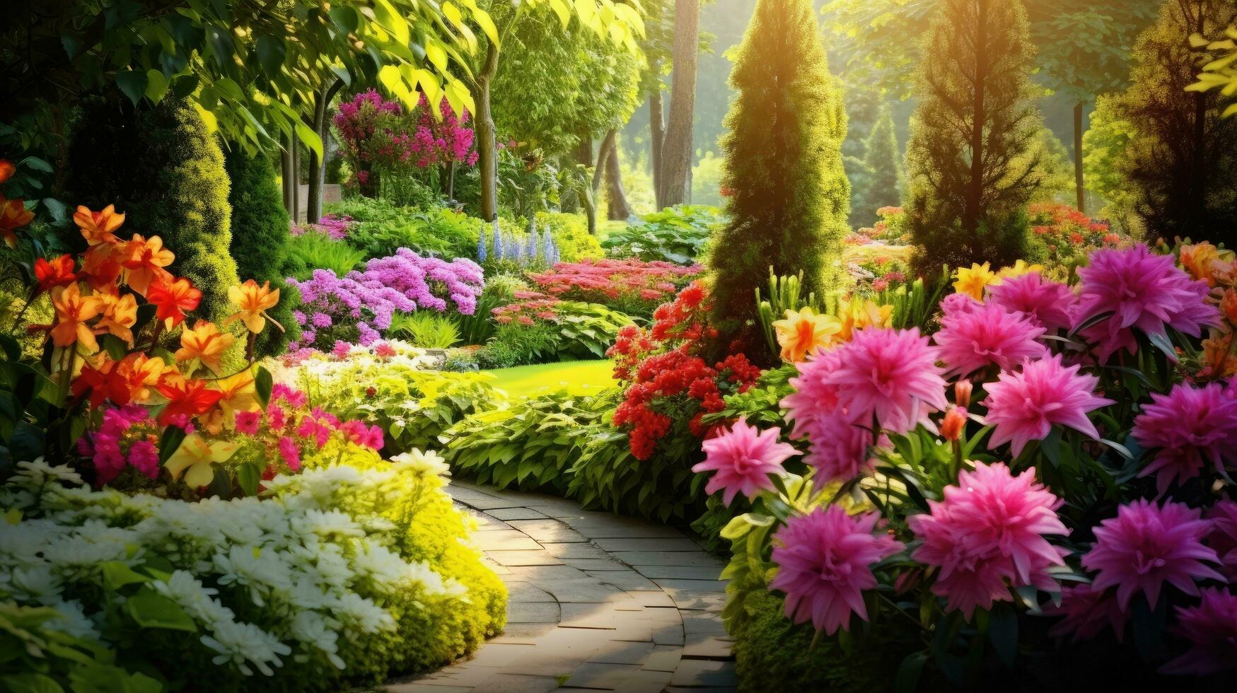 ai generato vivido giardino con vivace fiori, fiorente impianti, e ampio spazio per il tuo Messaggio foto