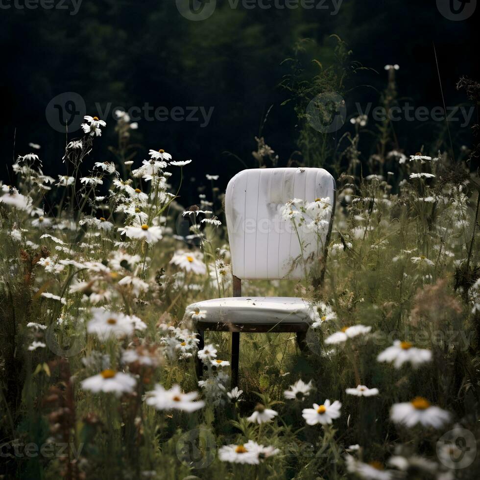 ai generato bianca sedia nel il parco il grande verde campo. sedia nel il erba prato con un' bianca margherita e giallo dente di leone fiore, scenario nel il mattina primavera stagione foto