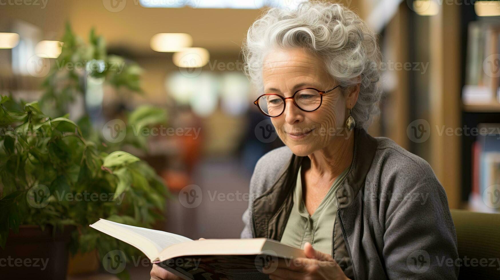 ai generato pensionato donna nel il biblioteca è lettura un' libro intensamente nel un' silenzioso angolo. generativo ai foto