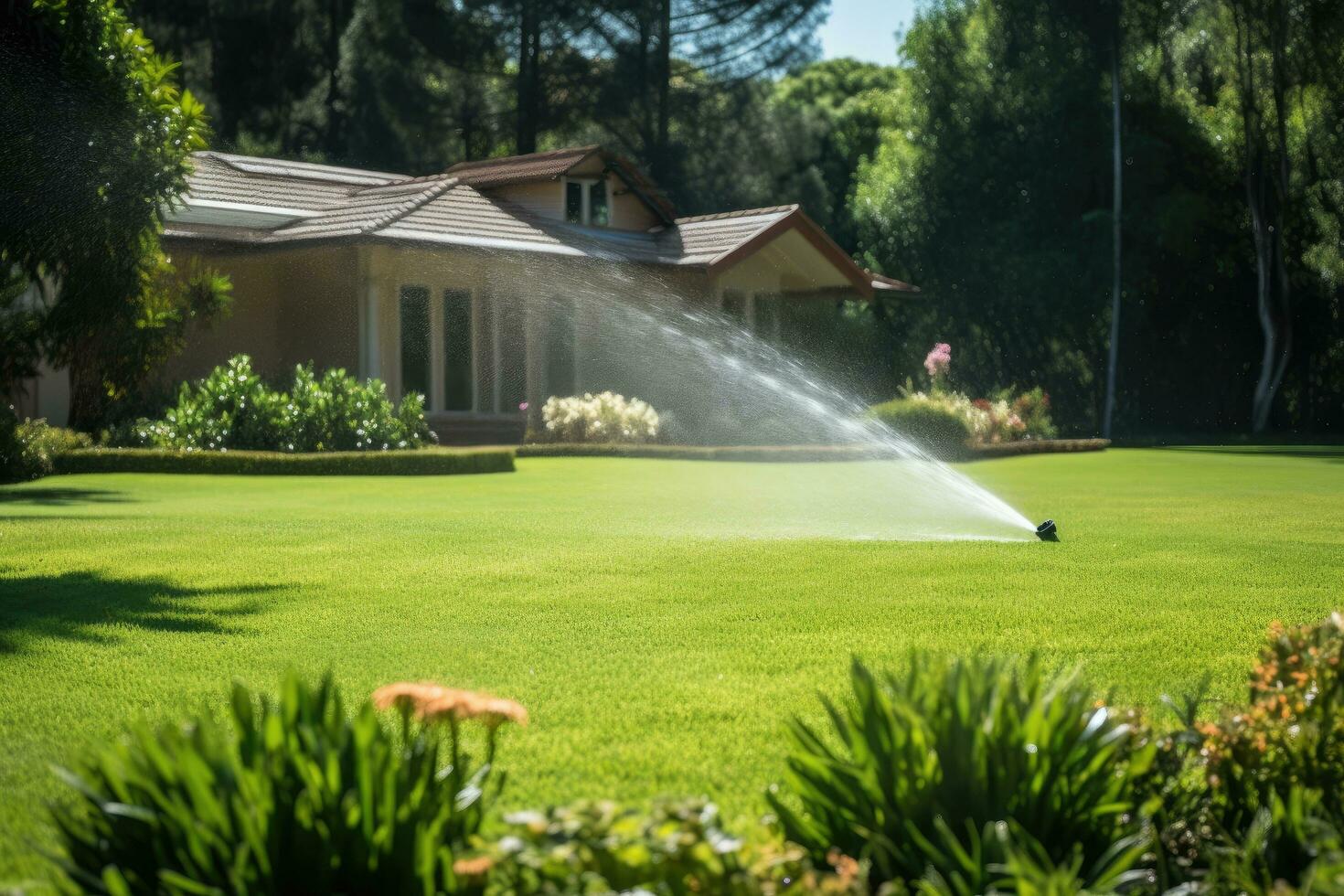 ai generato irrigazione sistema irrigazione il verde prato nel il giardino con un' Casa nel il sfondo, automatico spruzzatore sistema irrigazione il prato, ai generato foto