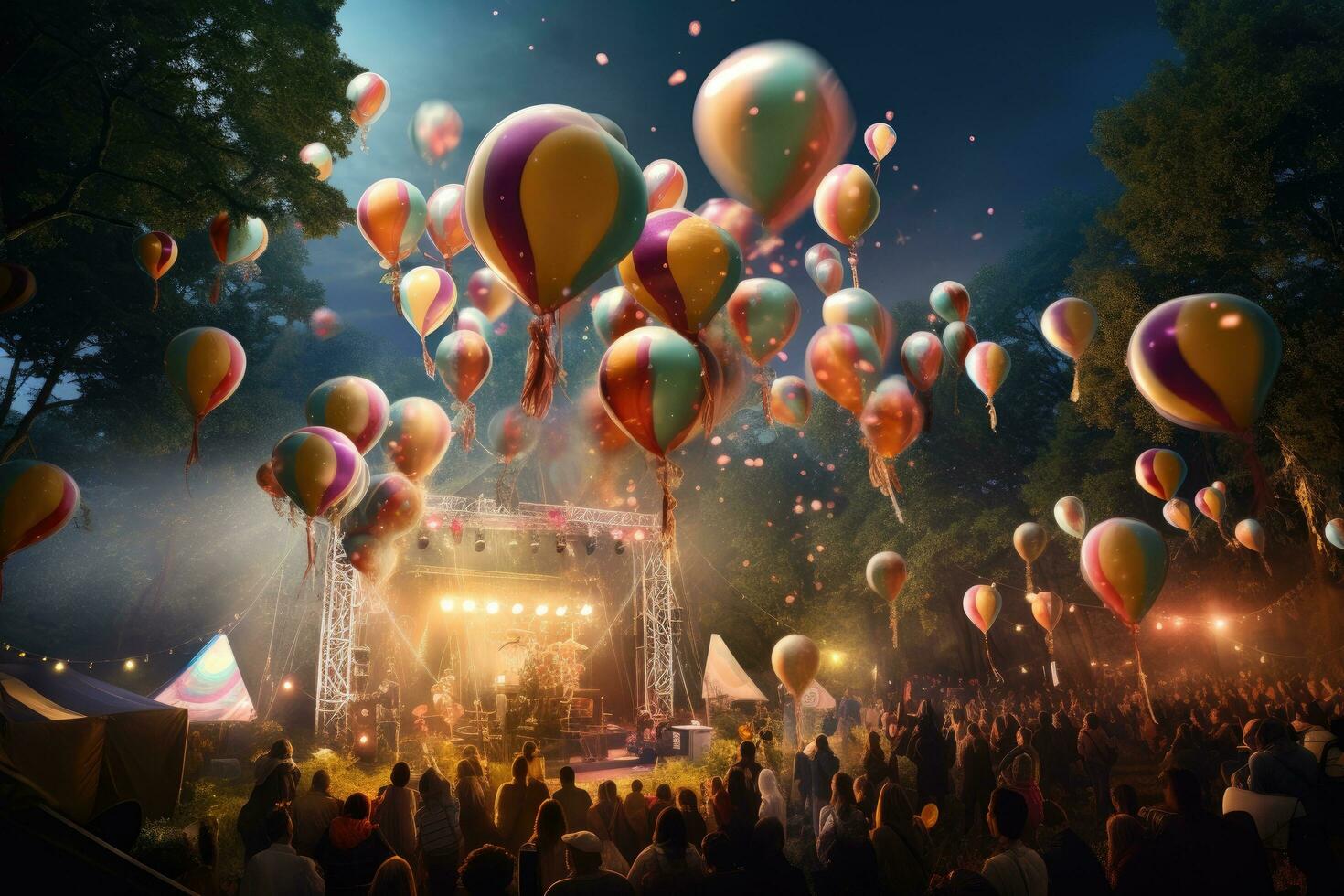 ai generato colorato palloncini volante al di sopra di folla a notte nel davanti di concerto palcoscenico, grande Festival all'aperto con musica e palloncini, ai generato foto