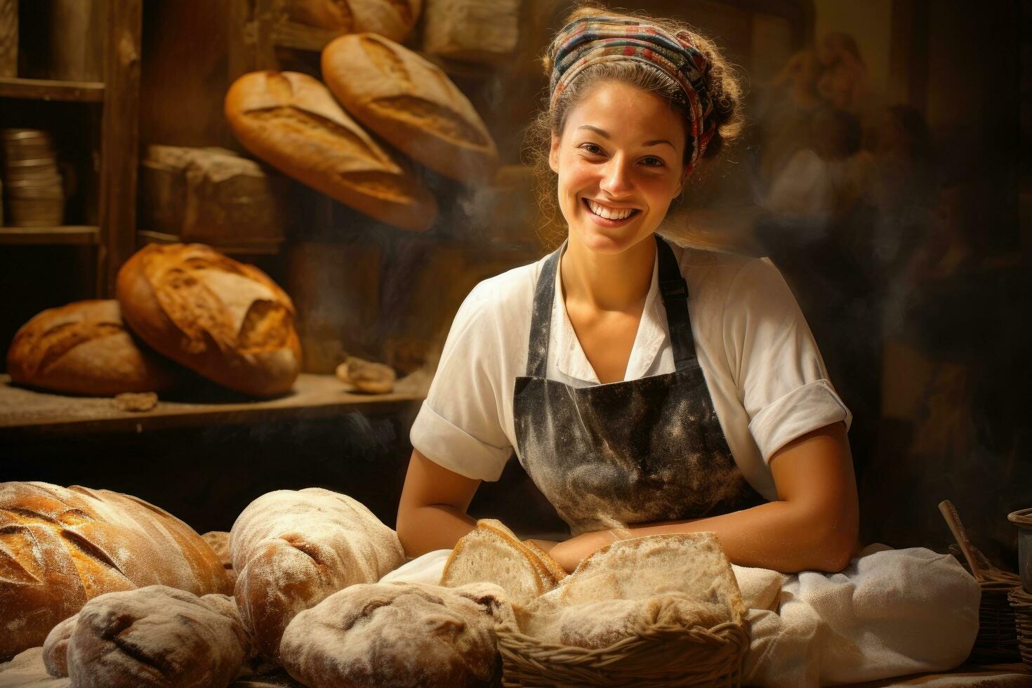 ai generato ritratto di sorridente femmina panettiere in piedi a contatore con pane nel forno, panettiere donna sorridente nel forno negozio con pane, ai generato foto