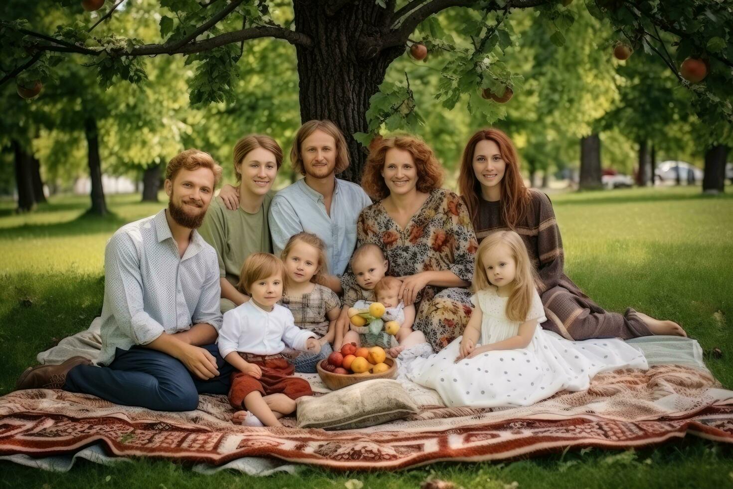 ai generato un' grande famiglia di quattro si siede su un' plaid nel il parco, grande folla di persone nel il nuovo York metropolitana la metropolitana nel corsa ora, ai generato foto