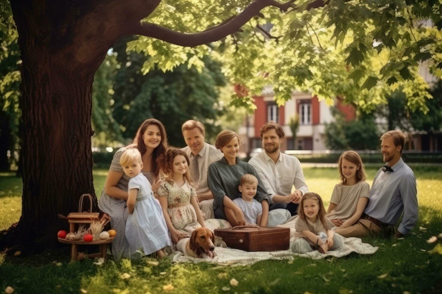 ai generato contento grande famiglia seduta sotto un' albero nel il parco e avendo divertimento, grande folla di persone nel il nuovo York metropolitana la metropolitana nel corsa ora, ai generato foto