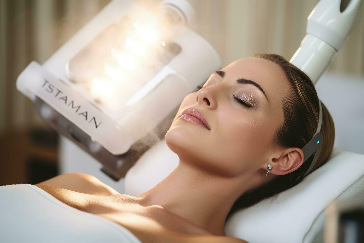 ai generato bellissimo giovane donna ottenere laser capelli rimozione trattamento nel bellezza salone, bellezza trattamento con ozono facciale piroscafo, ai generato foto