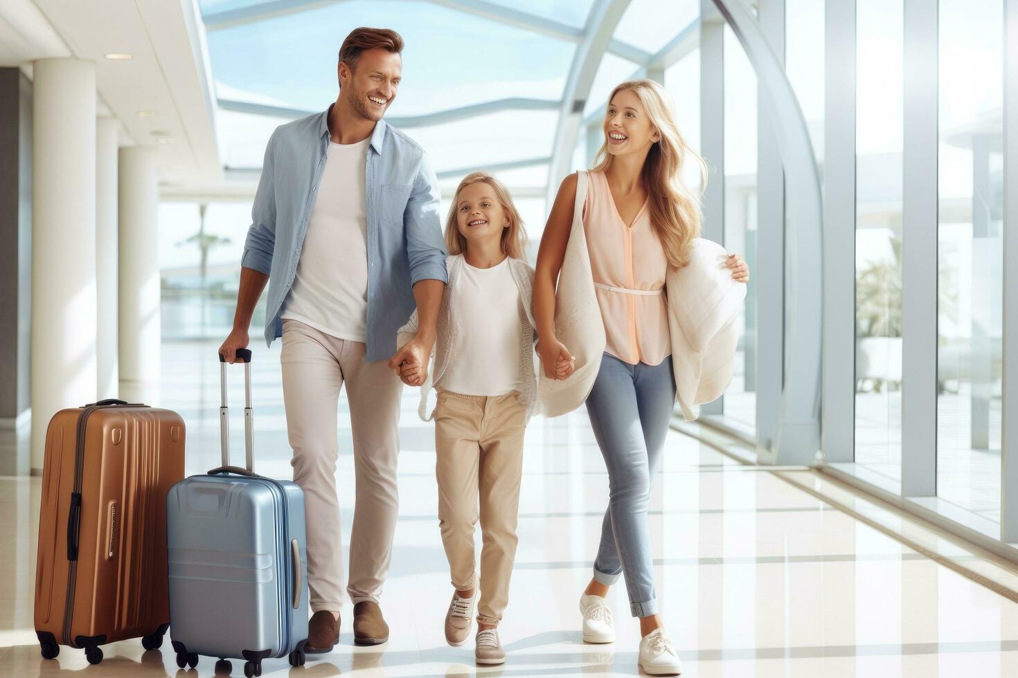 ai generato contento famiglia con valigie andando per viaggio insieme. essi siamo Tenere mani e sorridente, bellissimo contento eccitato famiglia con un' zaino e valigie nel moderno Hotel, ai generato foto