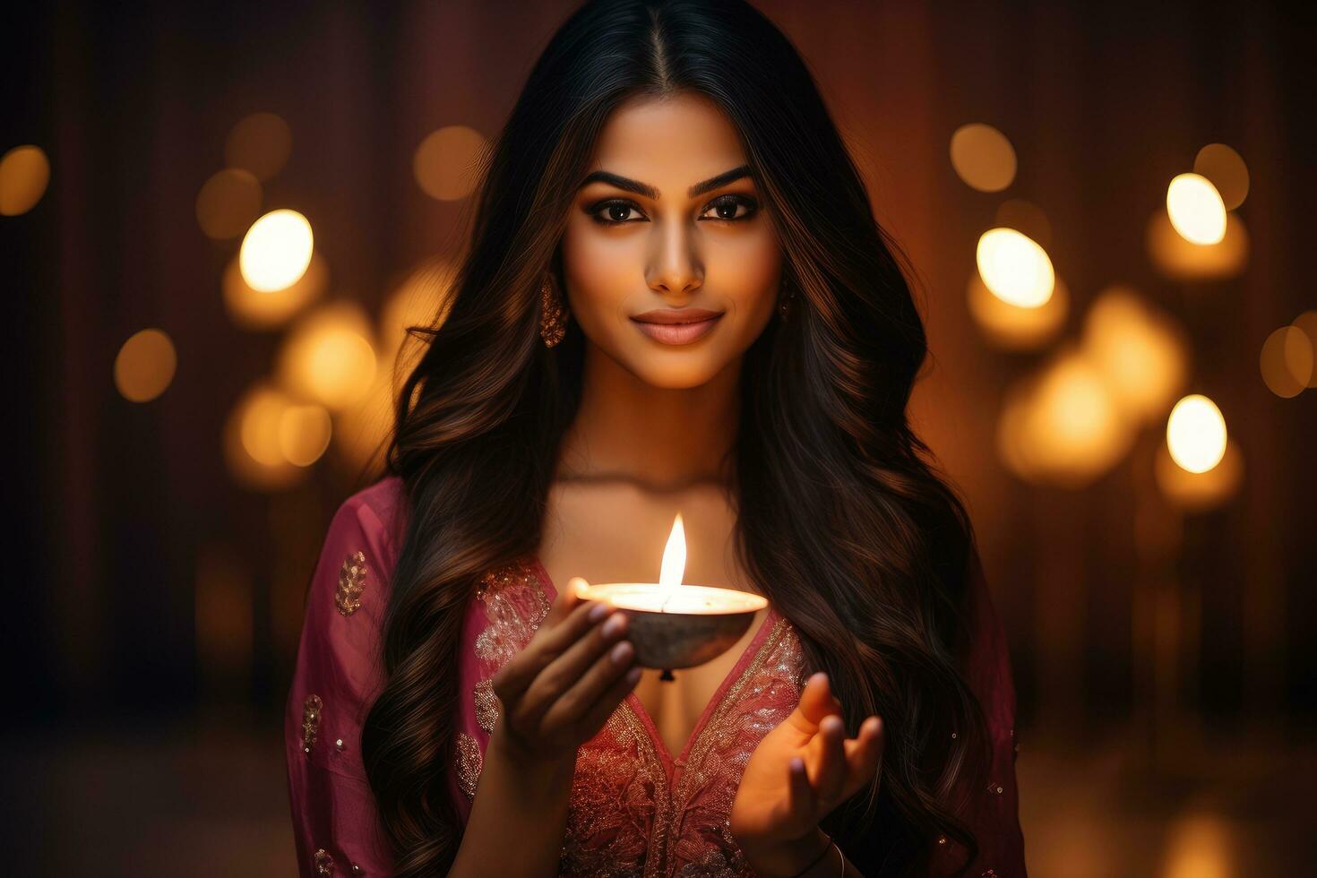 ai generato bellissimo giovane brunetta donna nel indiano vestito con candele nel mani, bellissimo indiano donna festeggiare Diwali Festival, ai generato foto