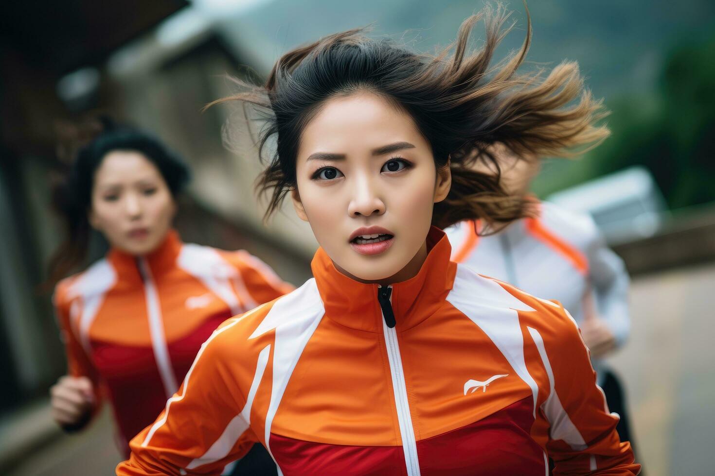 ai generato ritratto di sportivo asiatico donna jogging nel il città, bellissimo asiatico donne nel abbigliamento sportivo correre, ai generato foto