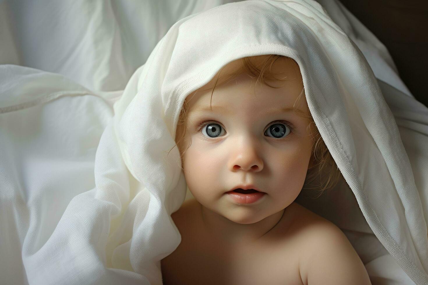 ai generato bellissimo bambino ragazza con blu occhi dire bugie sotto un' bianca lenzuolo, bambino sotto un' asciugamano, ai generato foto
