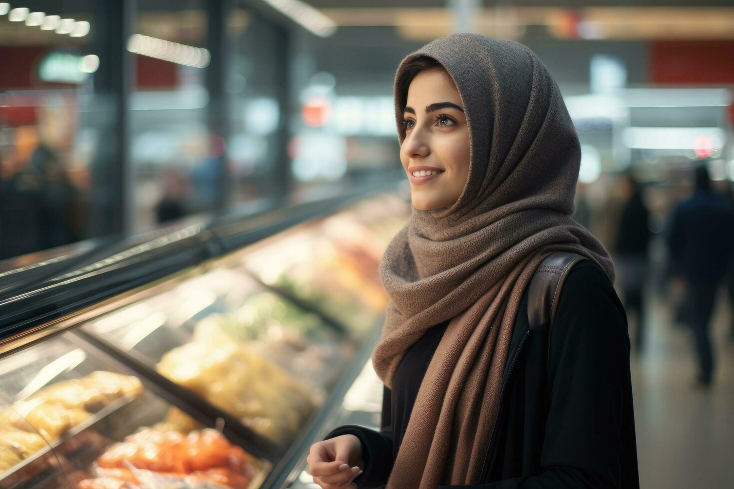 ai generato ritratto di giovane musulmano donna nel hijab guardare a telecamera mentre in piedi nel supermercato, attraente mezzo orientale giovane donna indossare un' hijab shopping a un' supermercato, ai generato foto