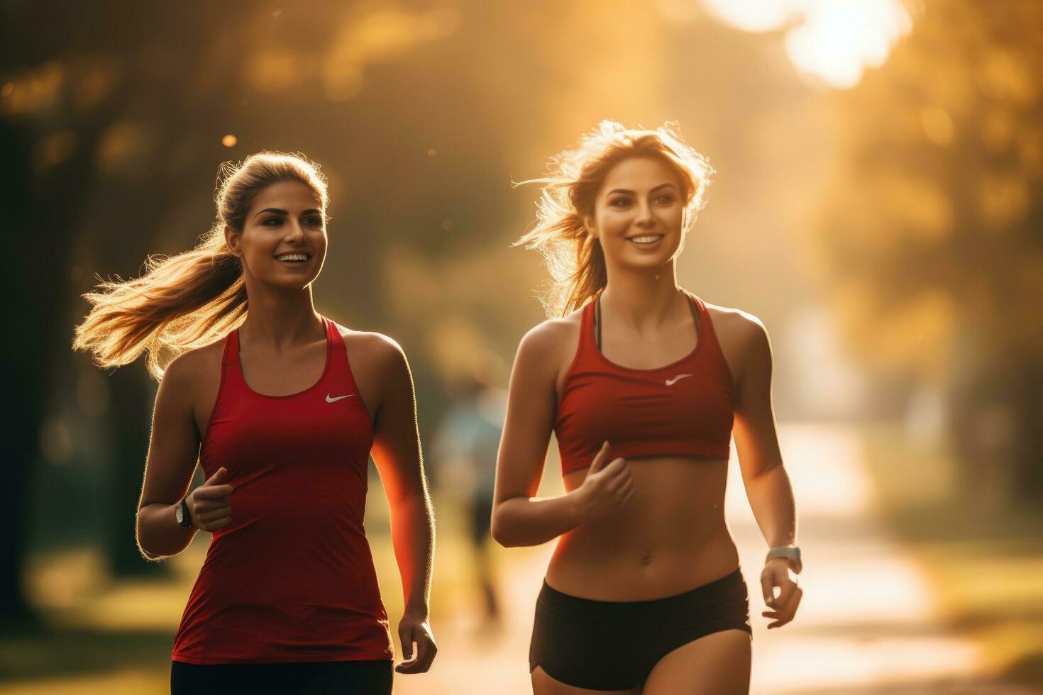 ai generato Due sportivo giovane donne jogging nel il parco a tramonto, beatiful donne jogging nel il parco nel nel il mattina, ai generato foto