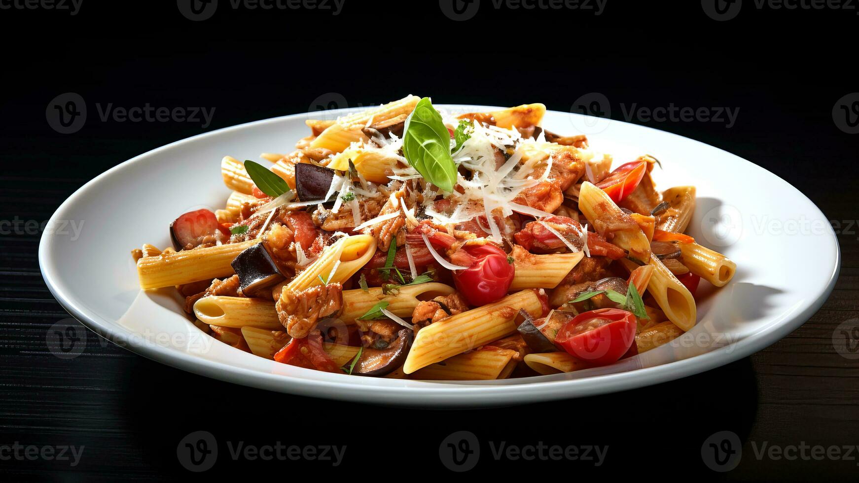 ai generato un' servendo di siciliano pasta con penne, tonno, melanzana, pomodori, parmigiano, basilico e aglio. ai generato. foto