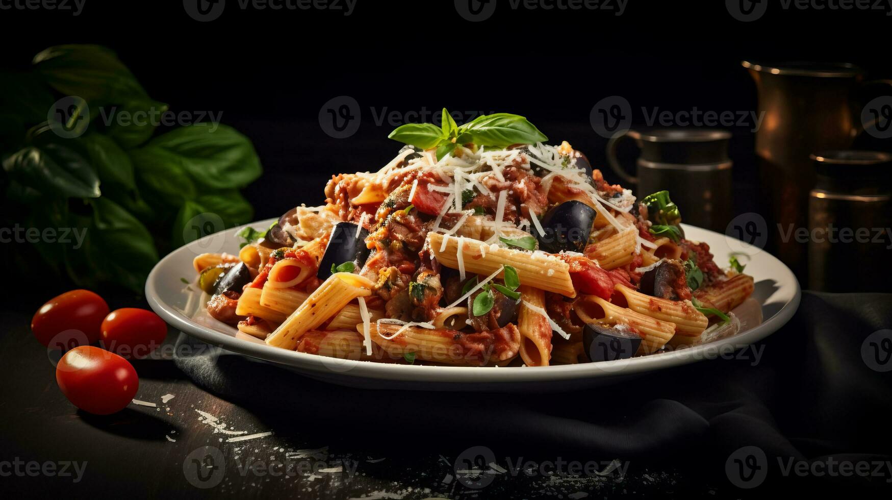 ai generato un' servendo di siciliano pasta con penne, tonno, melanzana, pomodori, parmigiano, basilico e aglio. ai generato. foto