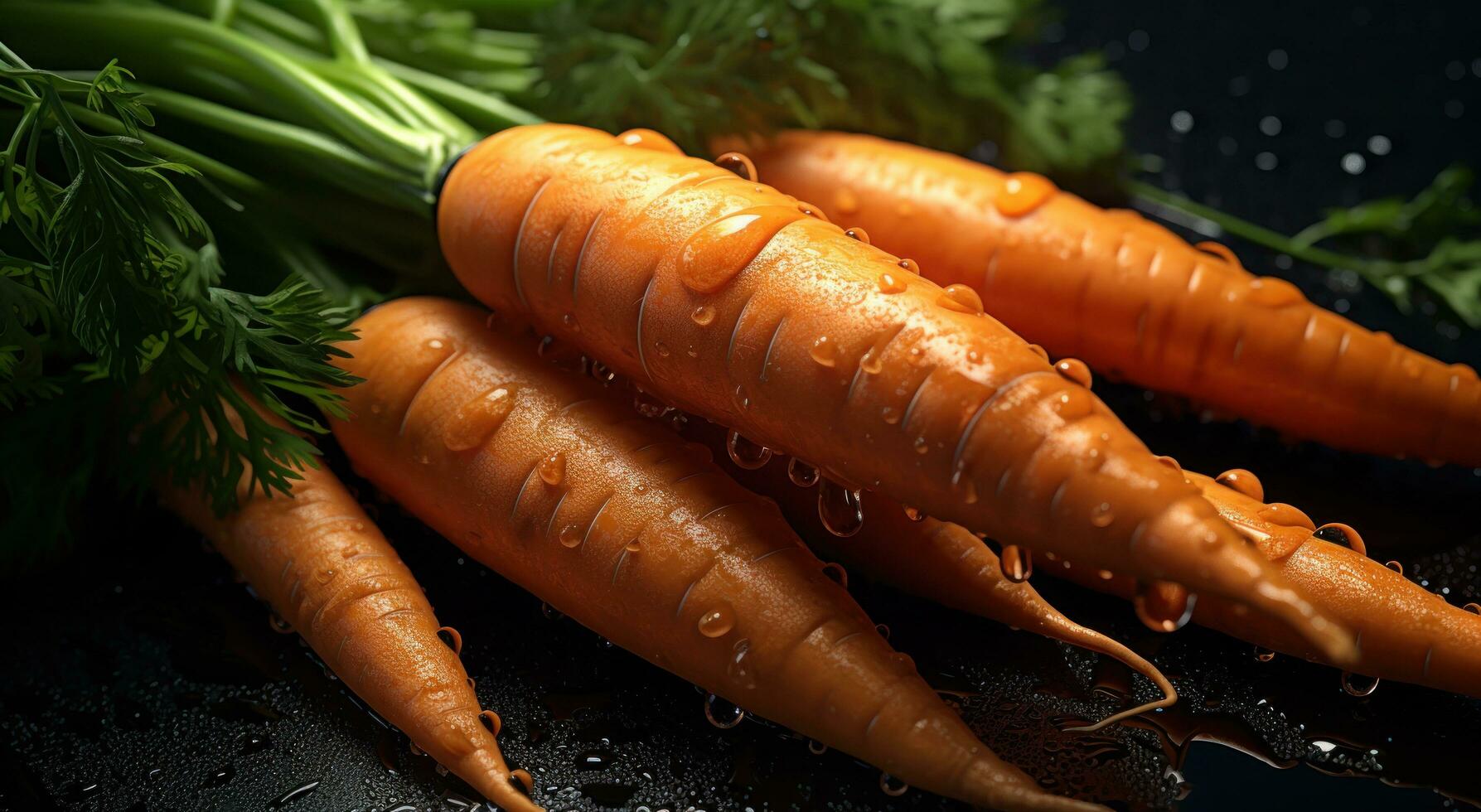 ai generato fresco carote per spuntini con acqua gocce foto