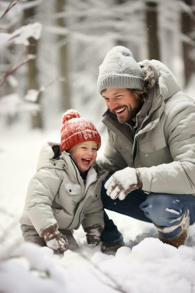 ai generato papà e figlio godere un' nevoso giorno, giocoso palla di neve lotte foto