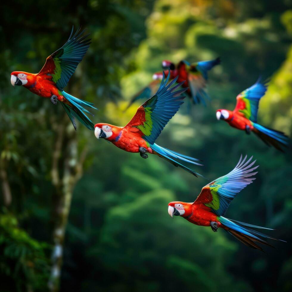 ai generato un' gregge di pappagalli nel volo, loro vivace piume contrastante contro il lussureggiante verde fogliame foto