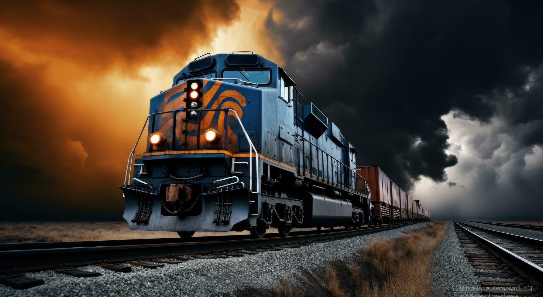 ai generato un' blu e nero treno è su il brani con un' tempestoso cielo foto
