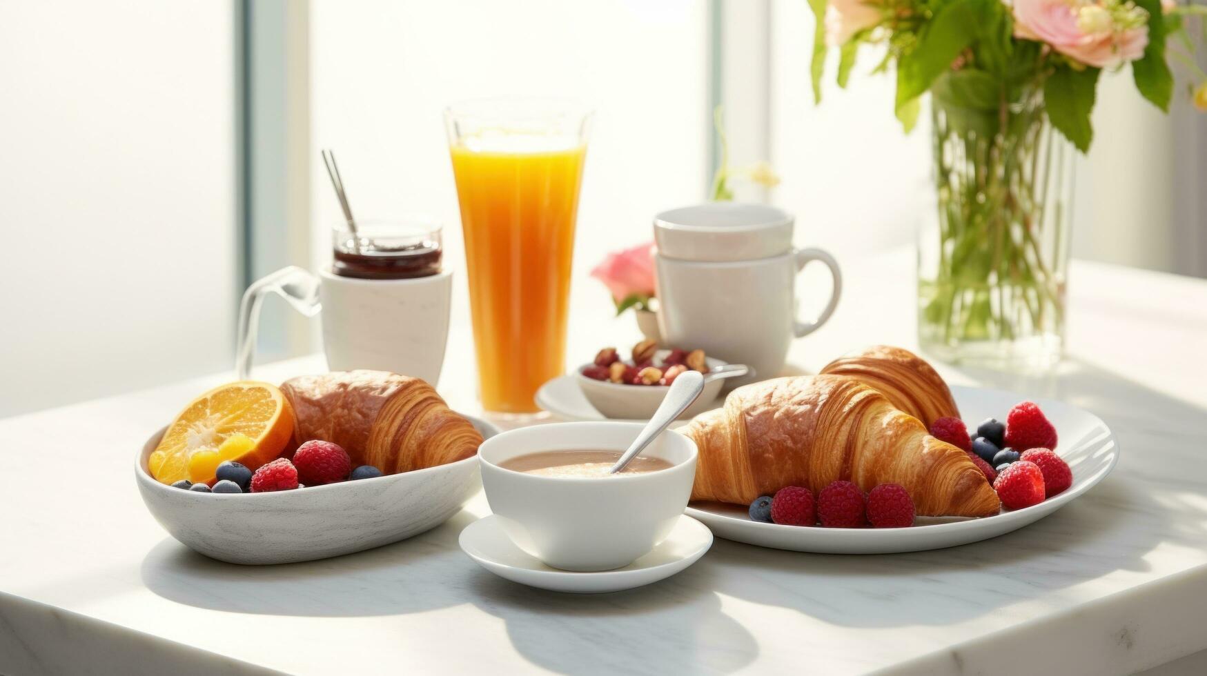 ai generato un' delizioso prima colazione tableau con Cornetti, frutti di bosco, e cottura a vapore caffè foto