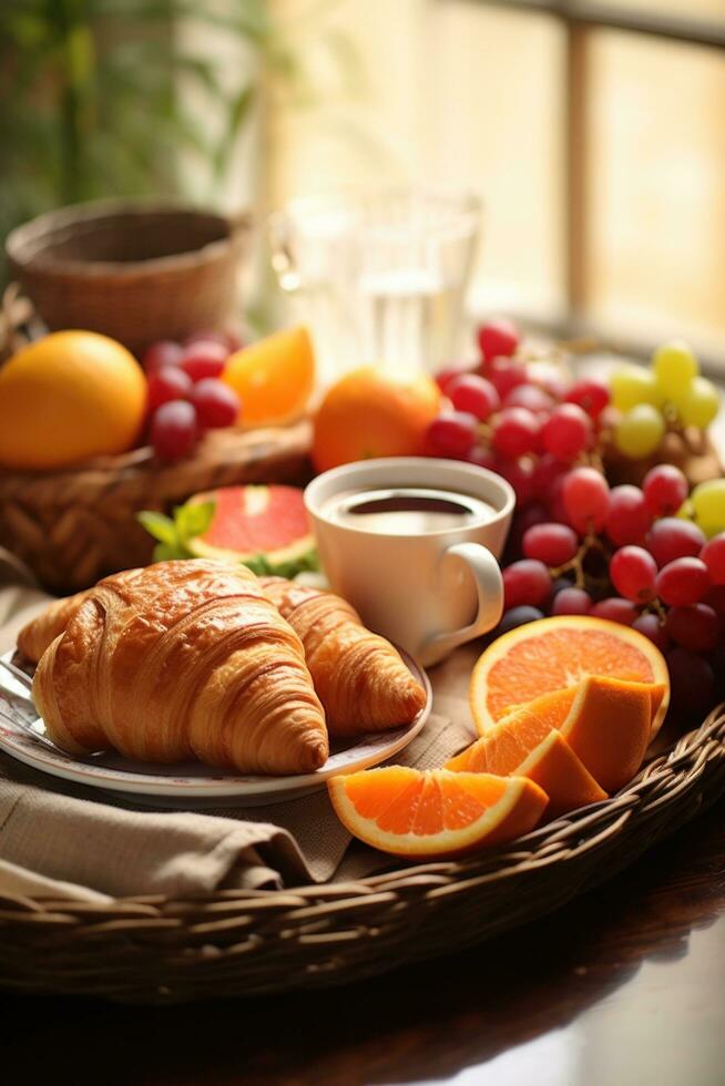 ai generato un' delizioso prima colazione tableau con Cornetti, frutti di bosco, e cottura a vapore caffè foto