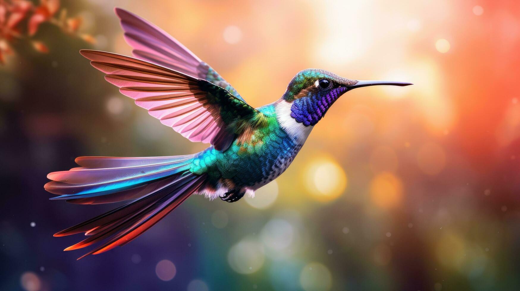 ai generato un' vivace colibrì librarsi nel a mezz'aria, suo iridescente piume scintillante nel il luce del sole foto