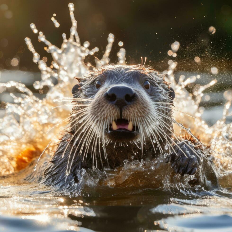 ai generato un' curioso e giocoso lontra spruzzi attraverso il acqua foto