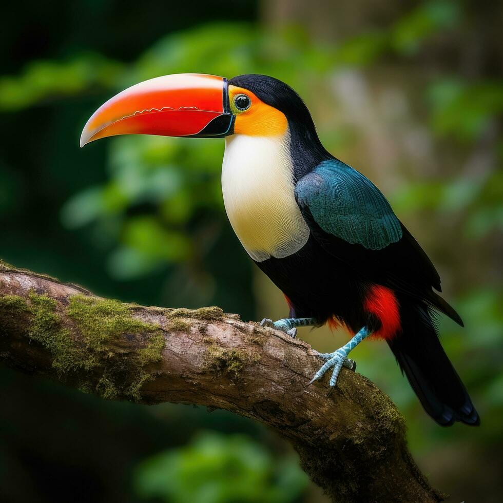 ai generato un' sbalorditivo avvicinamento di un' brillantemente colorato tucano arroccato su un' albero ramo foto