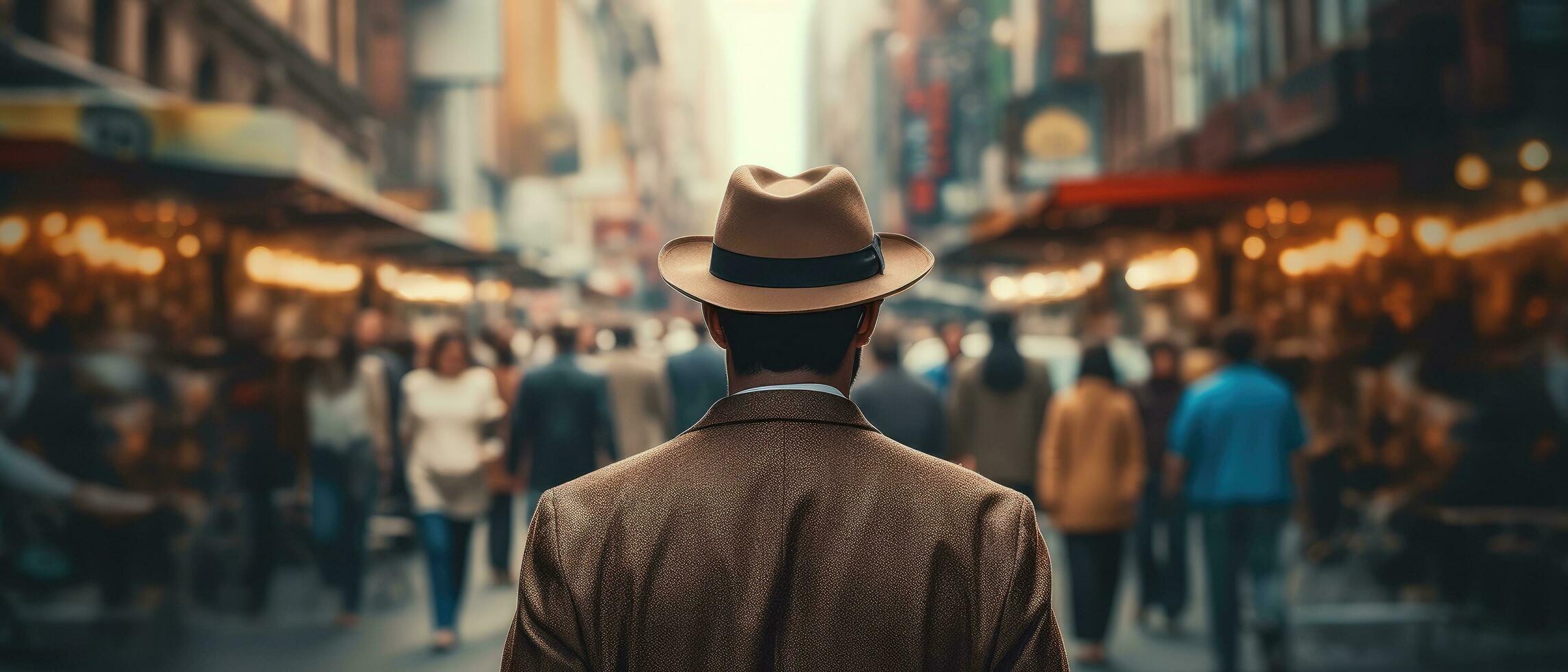 ai generato un' uomo a piedi giù il strada nel un' cappello foto