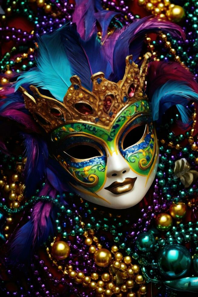 ai generato un' vivido carnevale sfondo pieno con vivace colori, maschere, e festivo fiuto foto