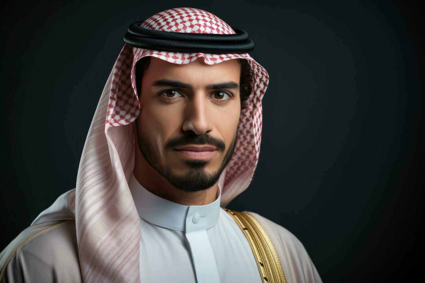 ai generato ritratto di bello arabo uomo, arabo mezzo orientale Arabia uomo nel tradizionale formale thobe e shemagh, ai generato foto