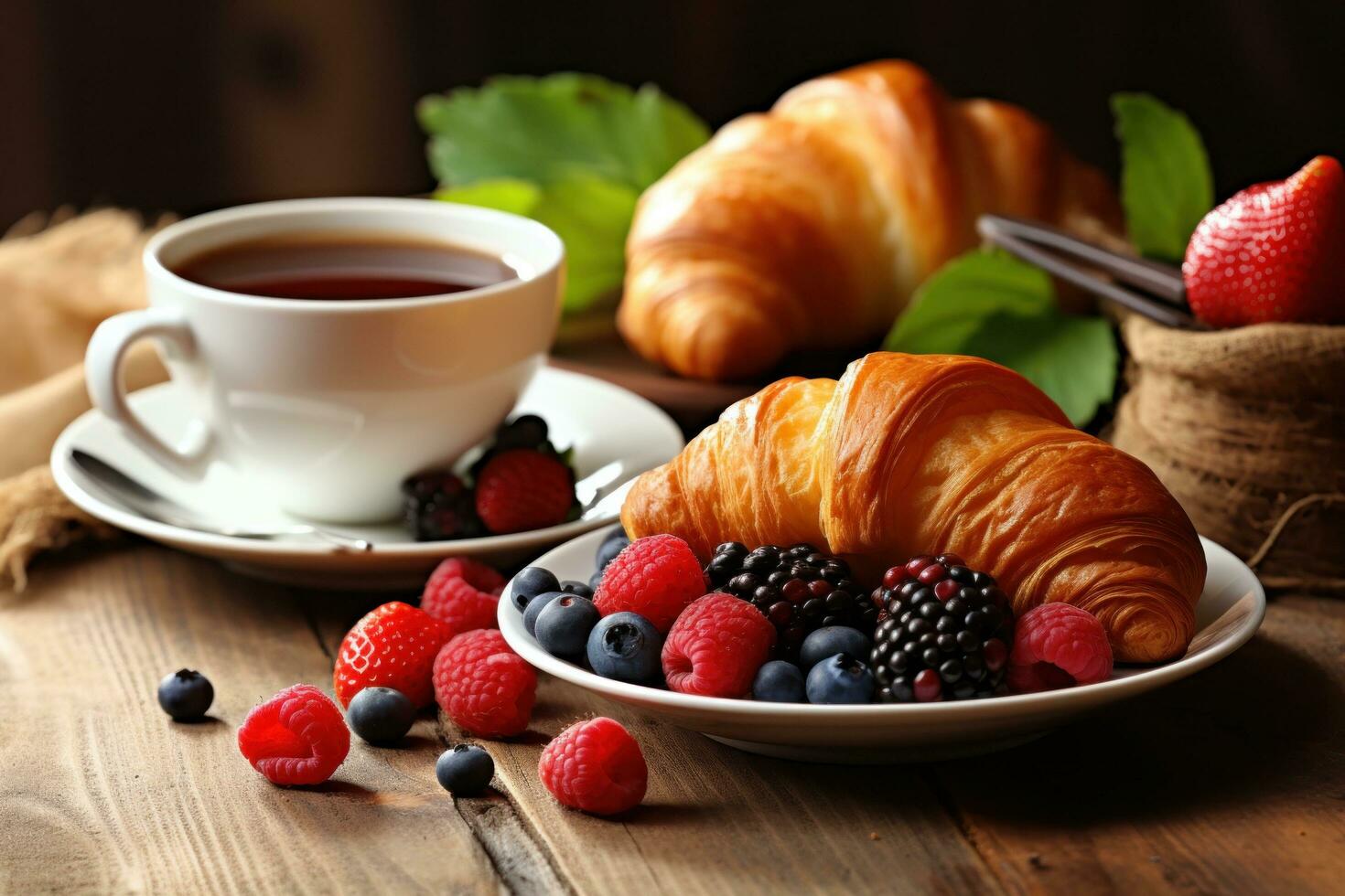 ai generato un' delizioso prima colazione tableau con Cornetti, frutti di bosco, e cottura a vapore caffè foto