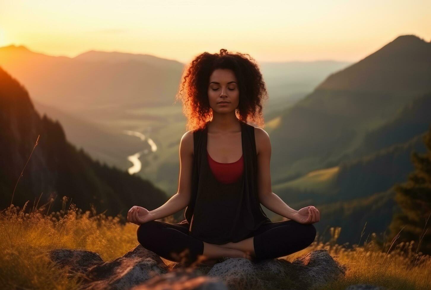 ai generato il donna è Meditare a tramonto su il superiore di un' montagna foto