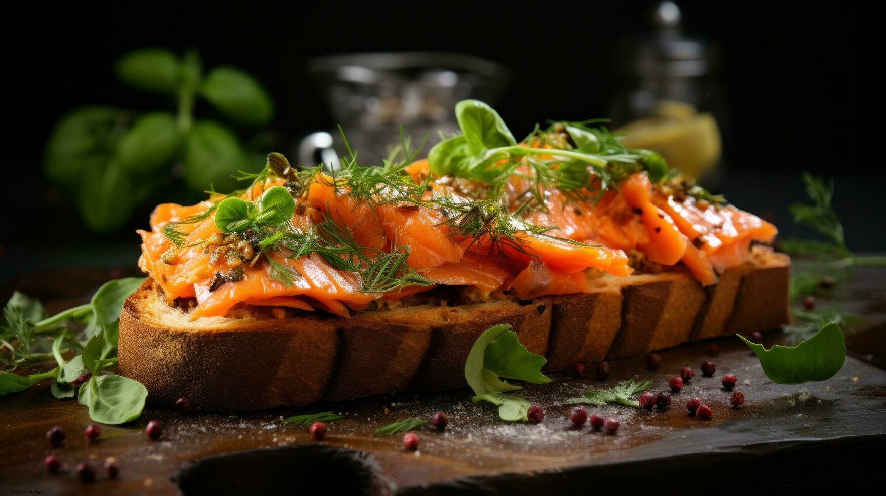 ai generato salmone e erba Bruschetta principale pesce specialista foto