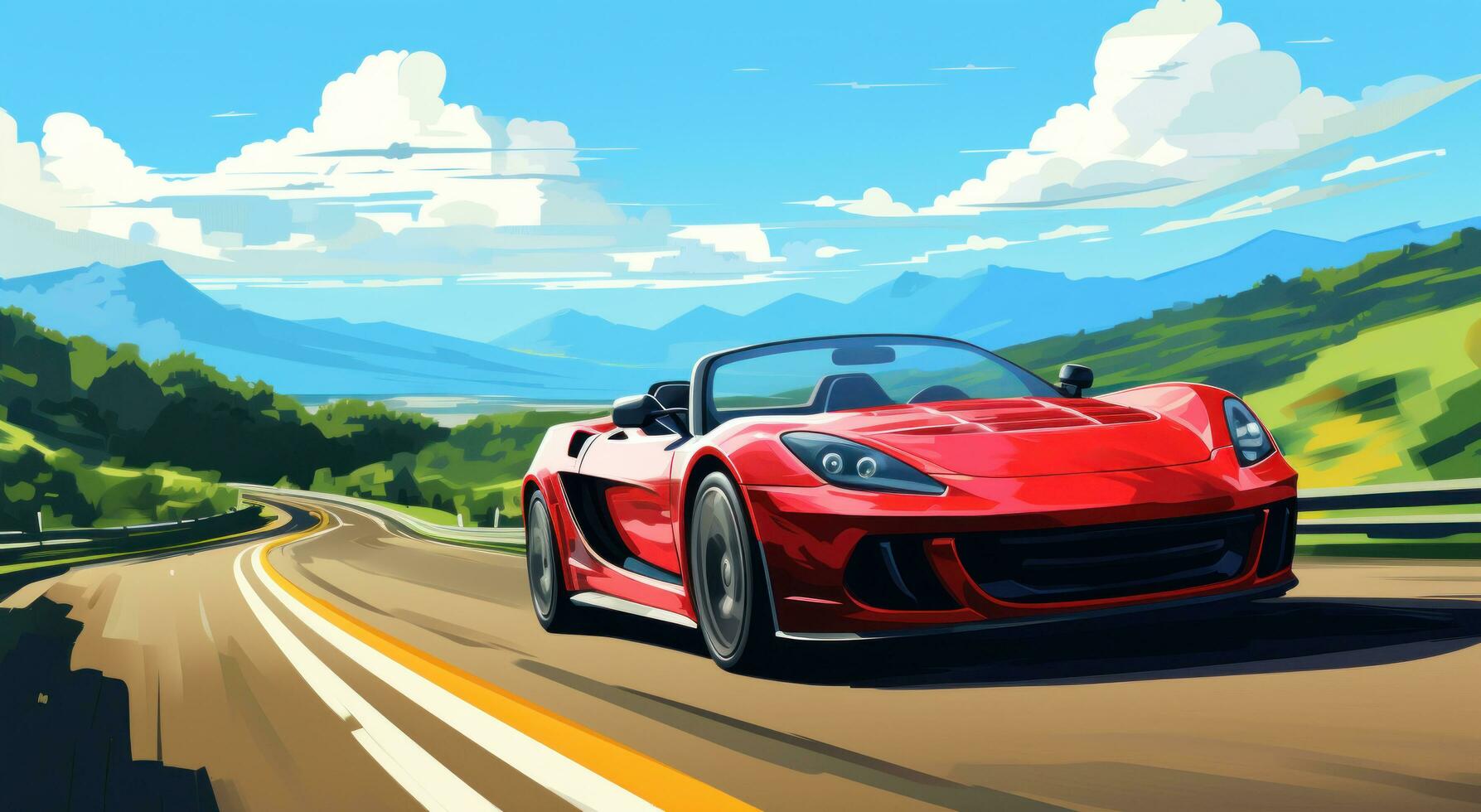 ai generato il rosso sport auto roadster è guida lungo il strada foto