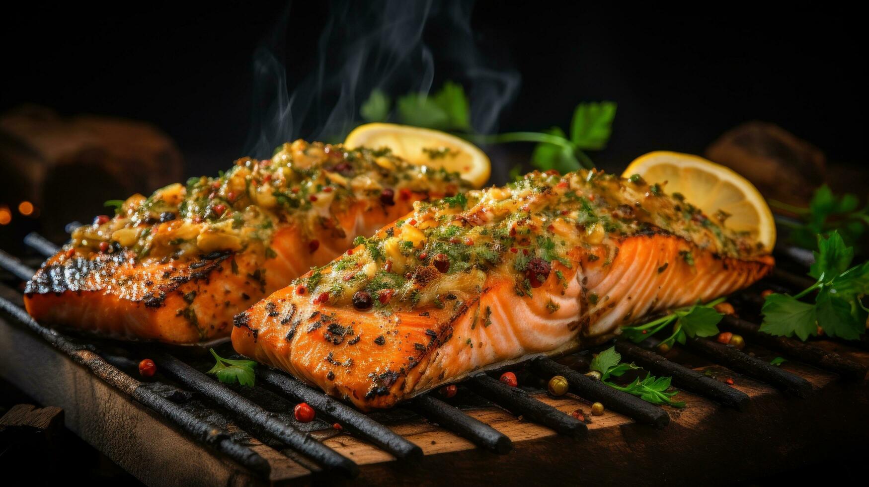 ai generato alcuni salmone grigliato su pane, cinematico eleganza foto