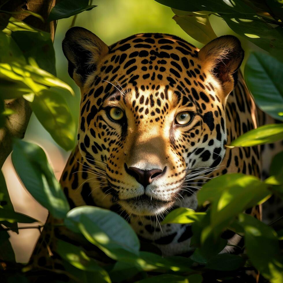 ai generato un' bellissimo e sfuggente giaguaro colleghi su a partire dal dietro a un' albero foto