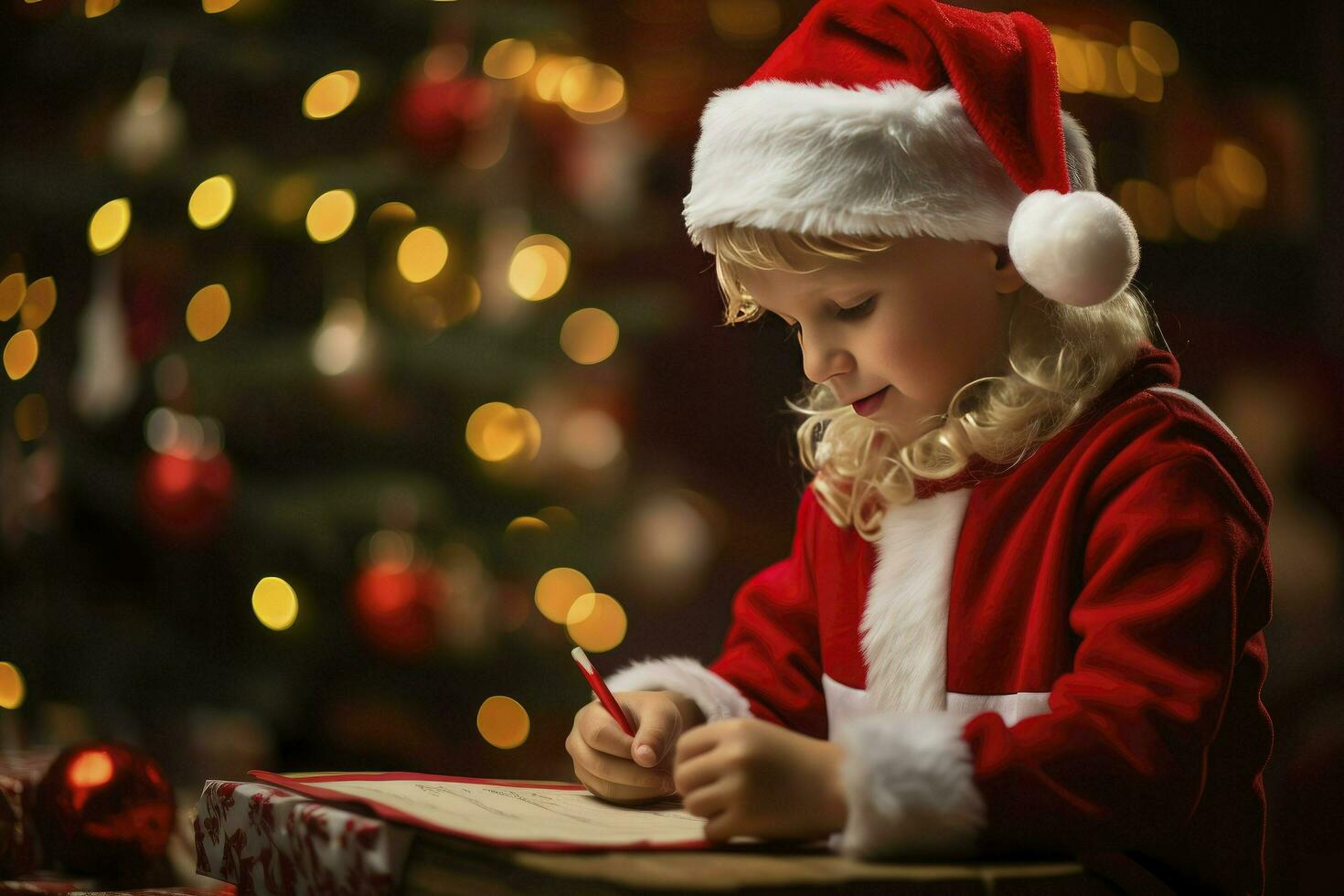 ai generato poco europeo ragazza scrittura lettera per babbo natale, desiderio elenco di regali per Natale nel decorato camera foto