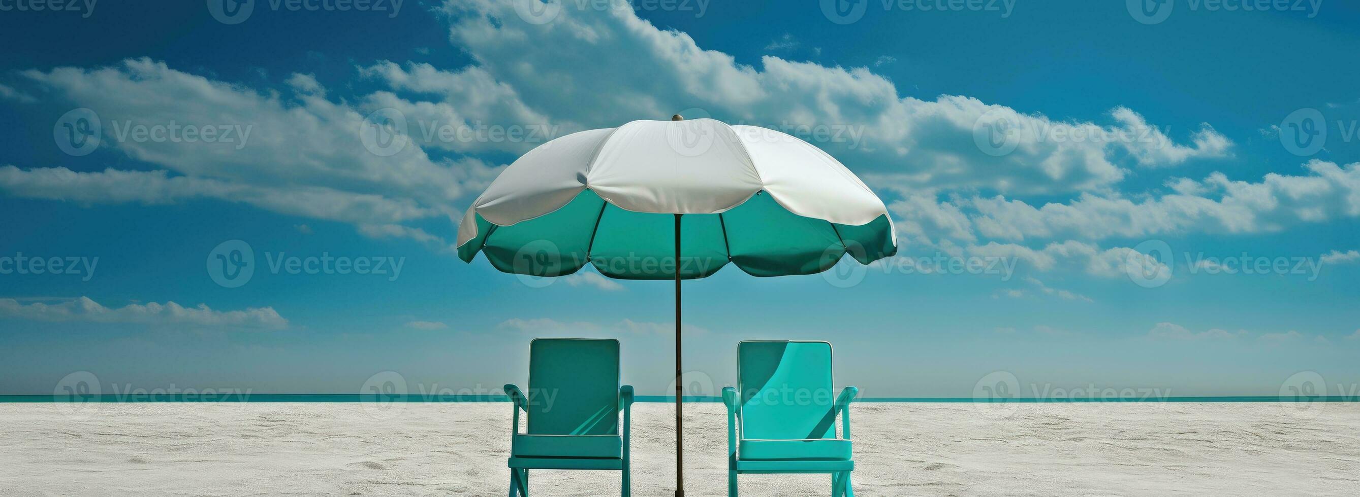 ai generato spiaggia scena di sedie sotto un ombrello nel il sabbia foto