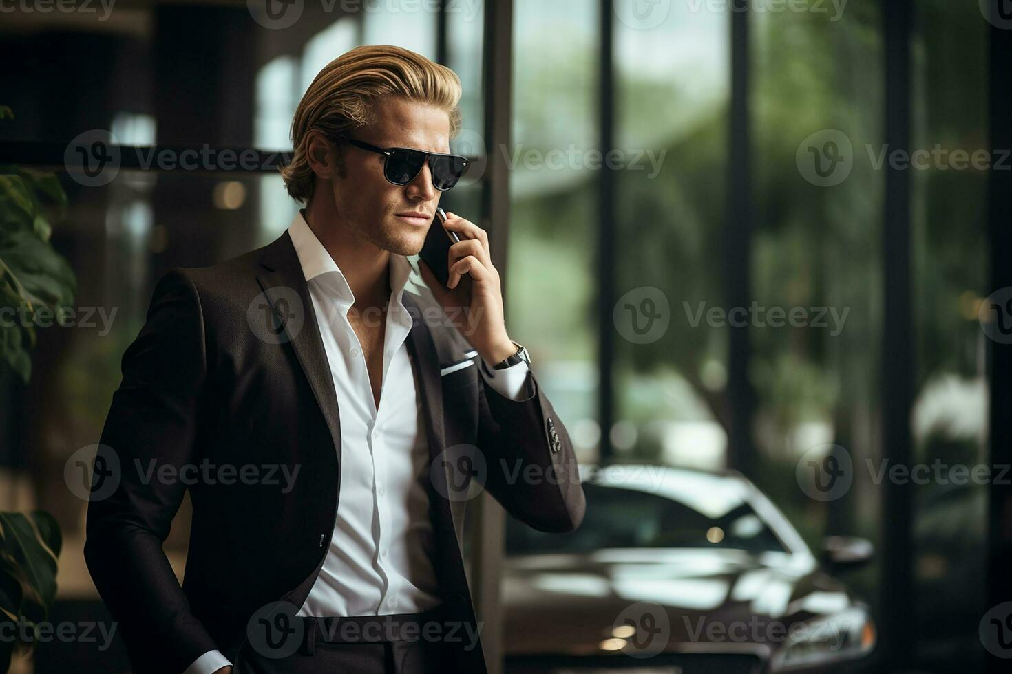 ai generato ritratto di uomo d'affari nel completo da uomo A proposito di su inteligente Telefono a moderno ufficio edificio foto