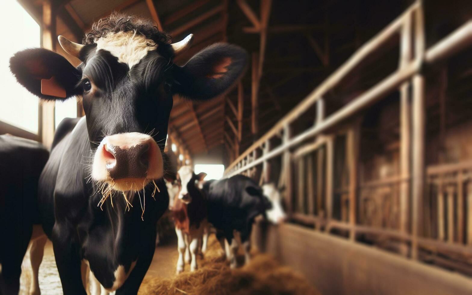 ai generato bestiame fattorie, su larga scala bestiame produzione, mucche nel penne, carne industria foto