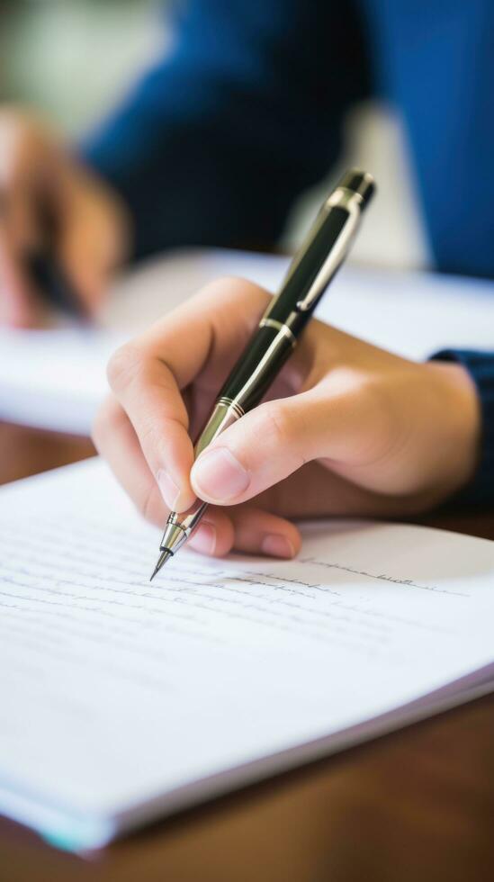 ai generato studenti mano scrittura Appunti su un' pezzo di carta con un' penna. foto