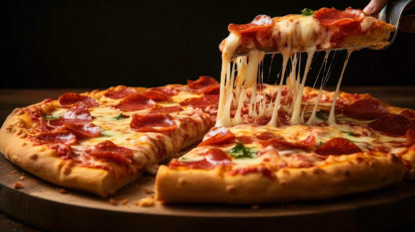 ai generato un' Pizza essere affettato con un' acuto taglierina, sottolineando il croccante struttura di il Crosta foto