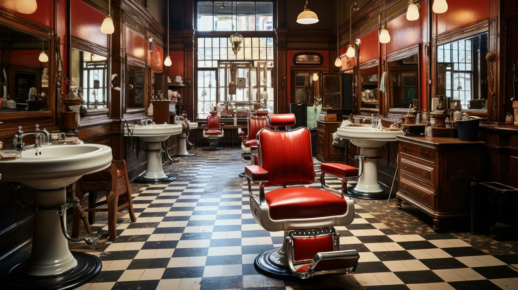 ai generato un' Vintage ▾ barbiere negozio, completare con classico rosso e bianca barbiere palo, pelle sedie foto