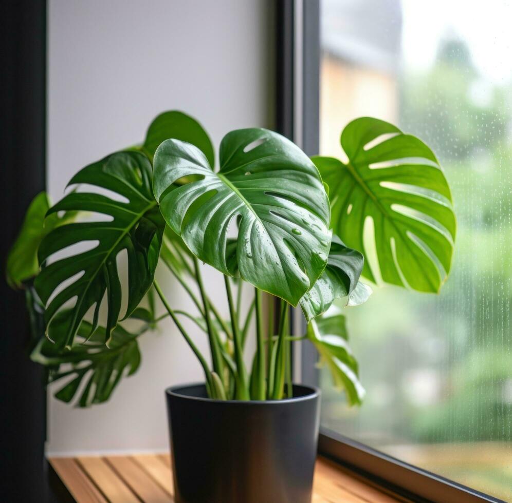 ai generato un' Monstera pianta è seduta nel un' finestra, foto