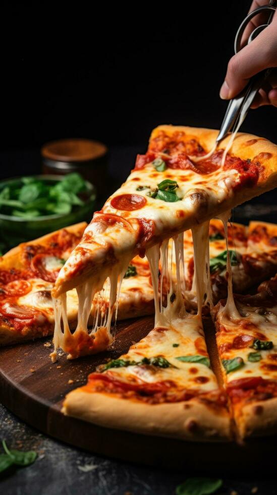 ai generato un' Pizza essere affettato con un' acuto taglierina, sottolineando il croccante struttura di il Crosta foto