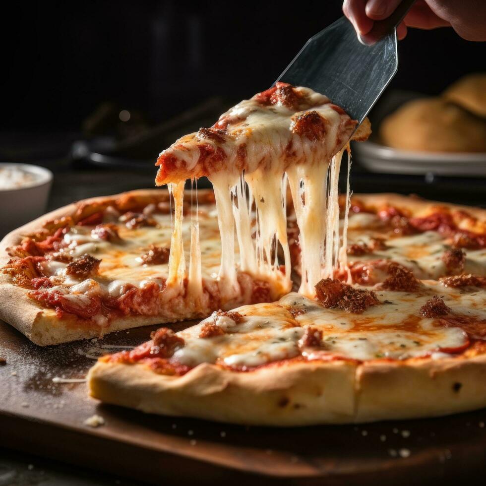 ai generato un' Pizza essere affettato con un' acuto taglierina, sottolineando il croccante struttura di il Crosta foto