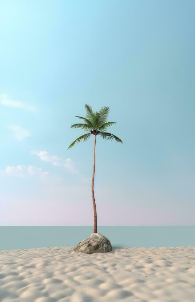 ai generato un' palma albero su superiore di un' ciottolo spiaggia nel un' grande mare con un' nuvoloso cielo foto