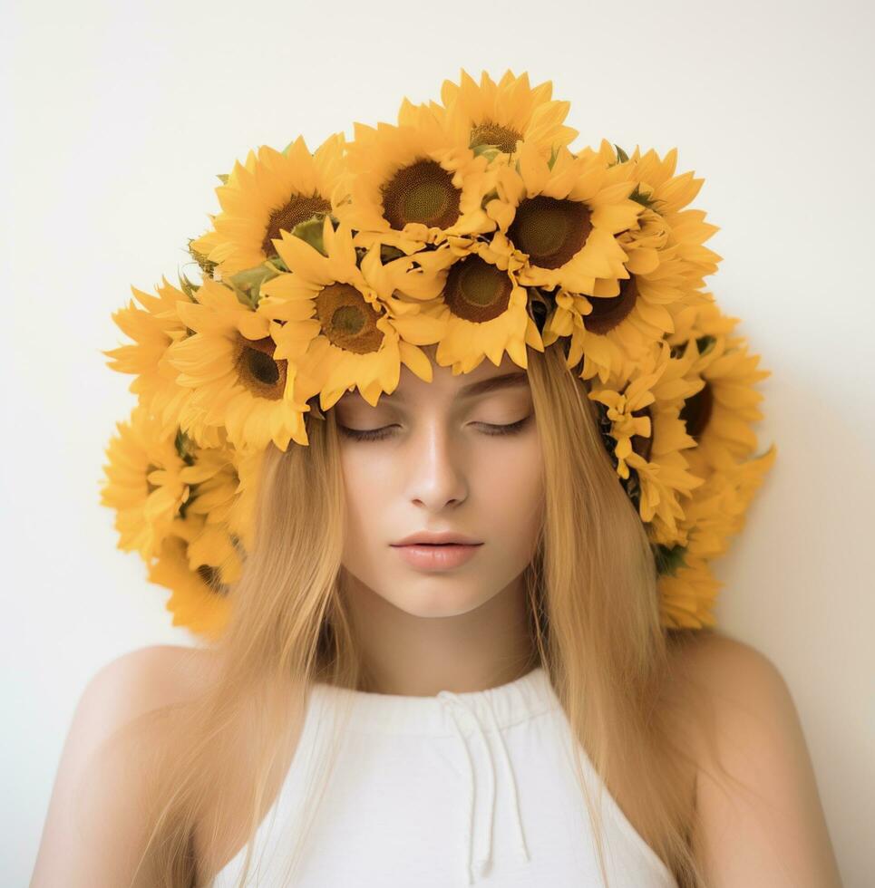 ai generato un' giovane ragazza coperto con girasoli con bianca sfondo copertina foto