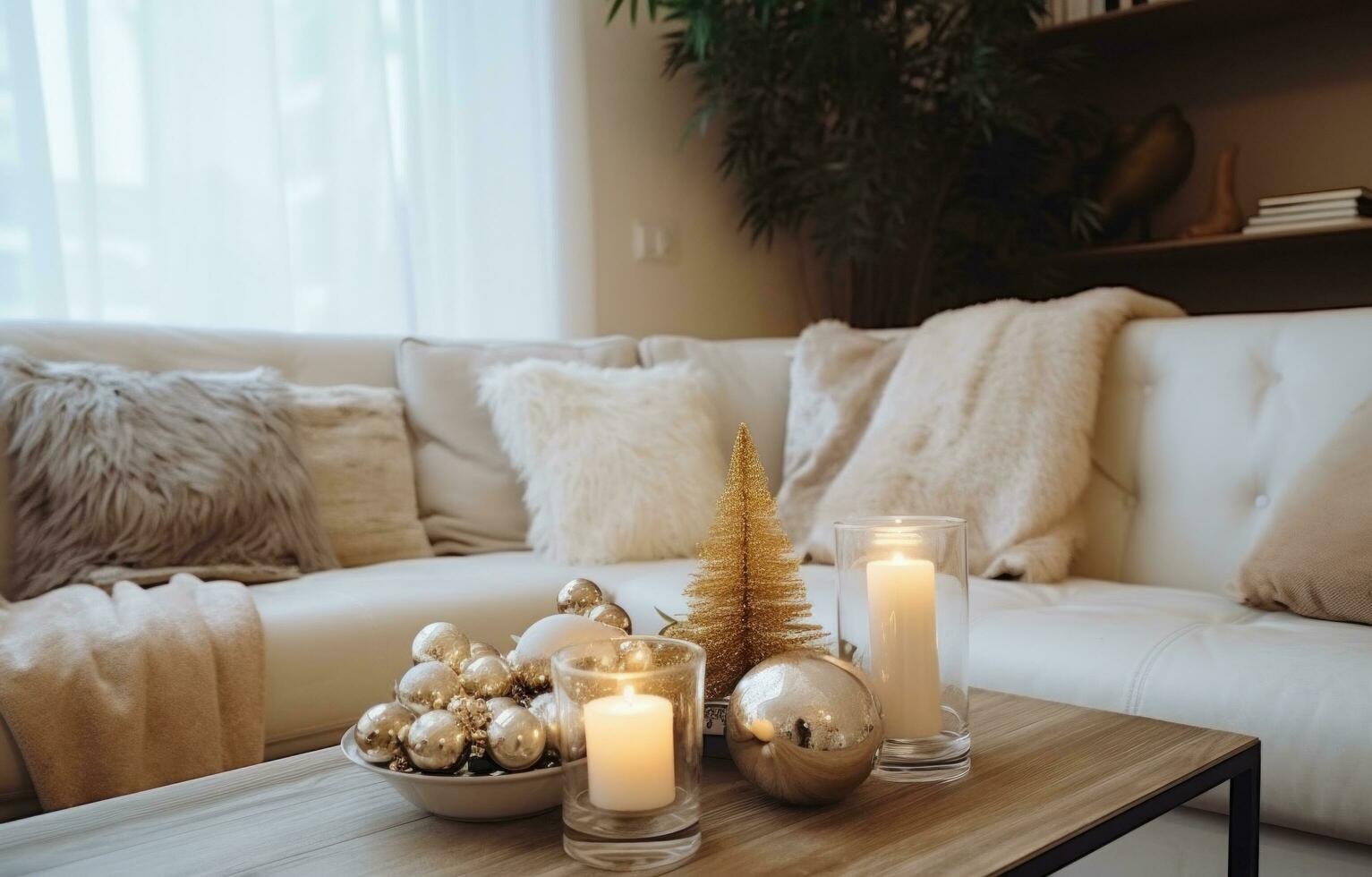 ai generato bellissimo appartamento con verde e grigio Natale decorazioni foto