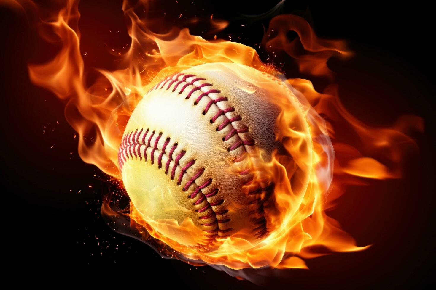 ai generato un accattivante Immagine di un' baseball palla su fuoco foto